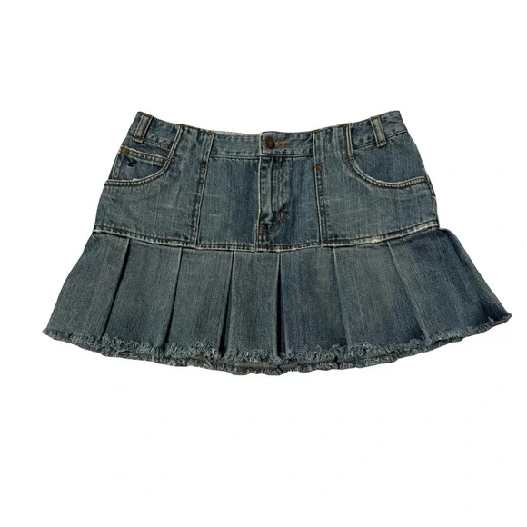 Y2k American Eagle Distressed Micro Denim Pleated Mini Skirt Fringe Hem, Sz 6 - Picture 4 of 14
